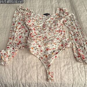 Lulu's Cream Floral Bodysuit with Red and Pink Accents